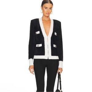L'Agence Kai Black Fuzzy Cardigan with White Trim